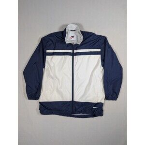 Vintage Nike Men's Large Windbreaker White Navy Blue Color Block Full Zip